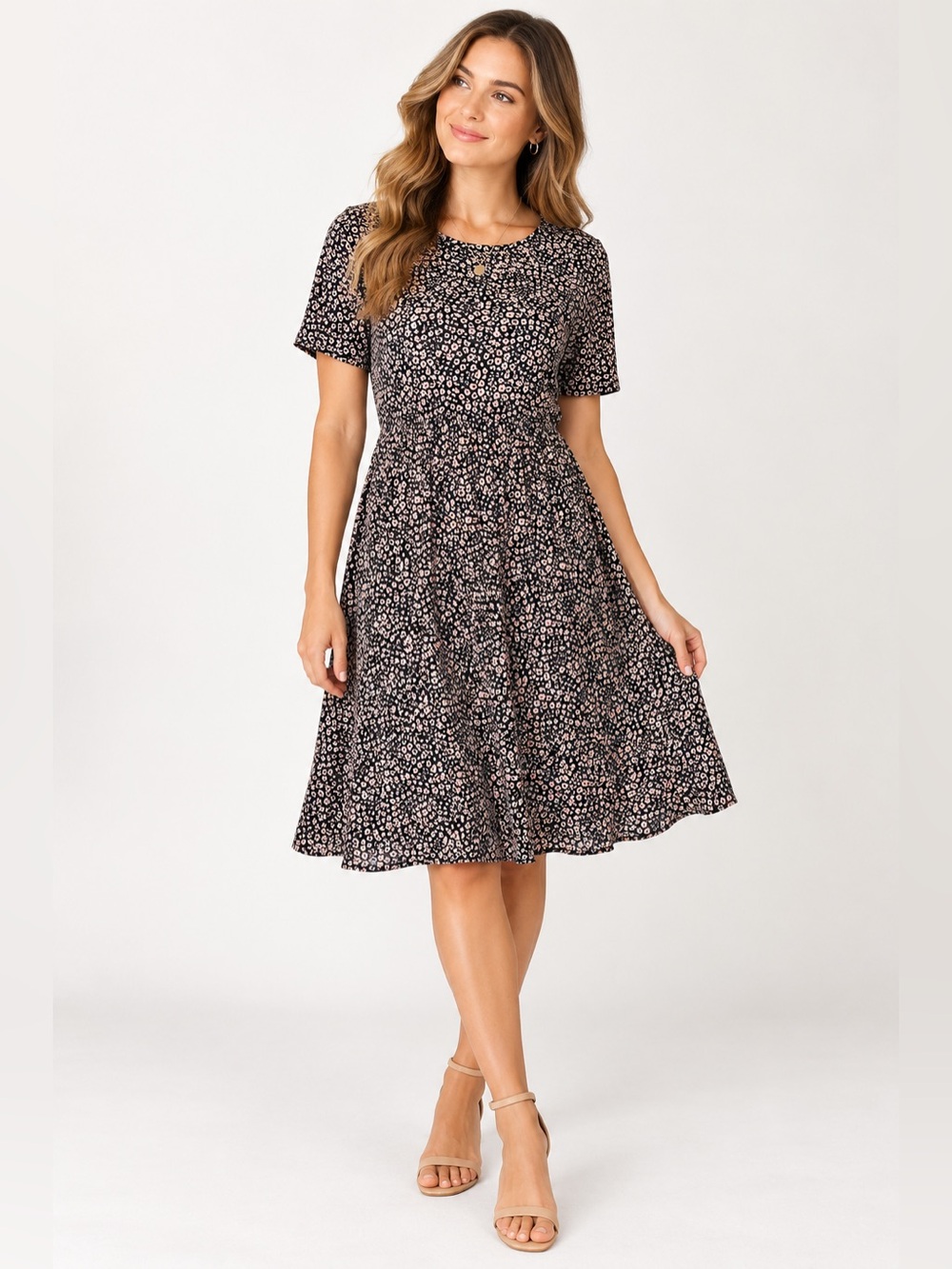 LC Lauren Conrad Medium Black Pink Floral Print Fit & Flare Midi Dress